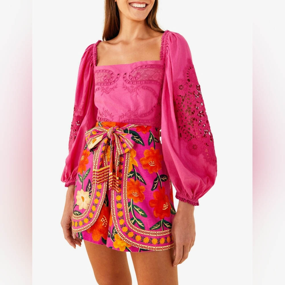 NWT! Farm Rio Pink Cotton Embroidered Blouse Size Large